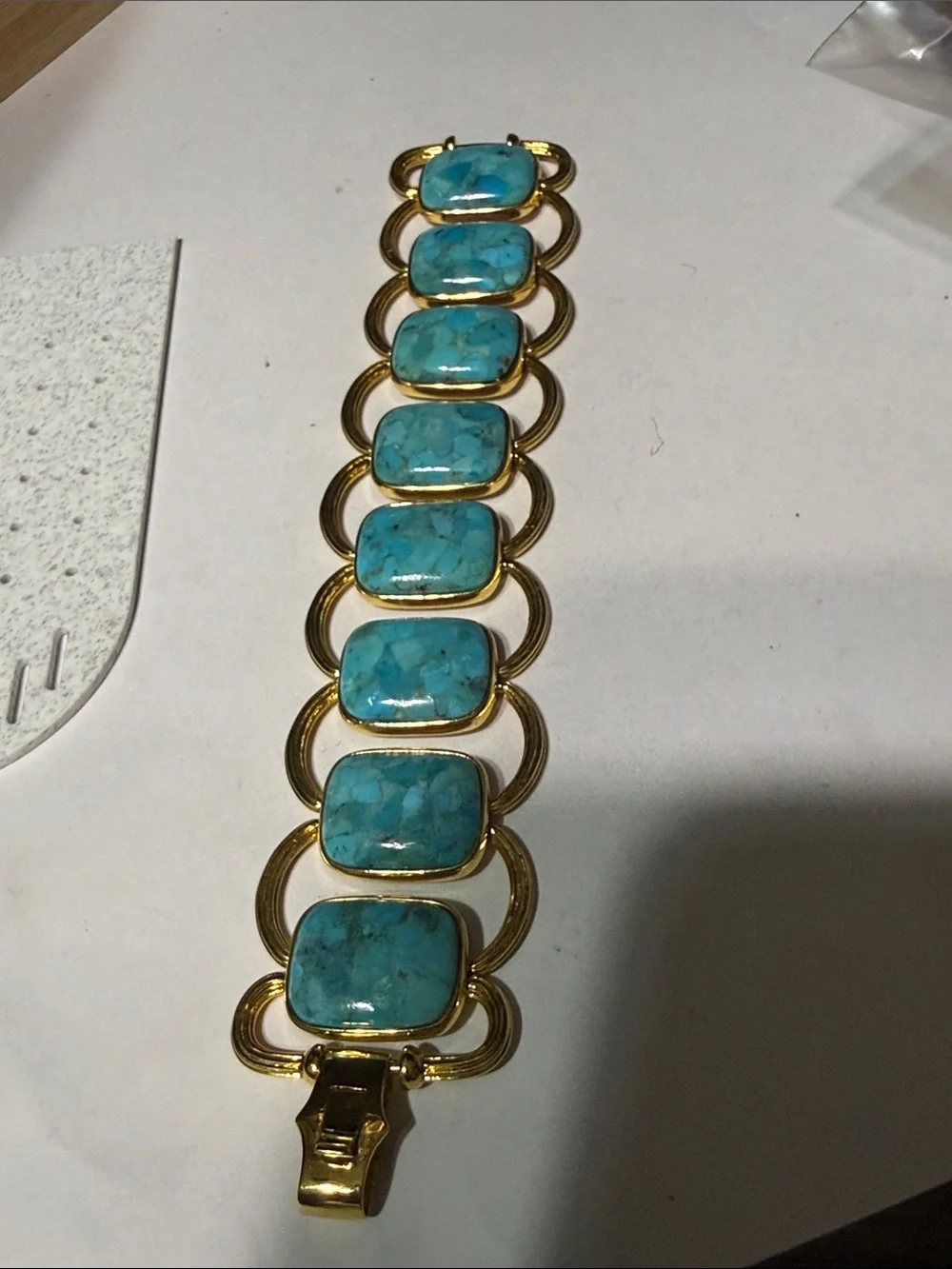 BEAUTIFUL Italy stamped Gold tone & Turquoise stone Bracelet 7 “